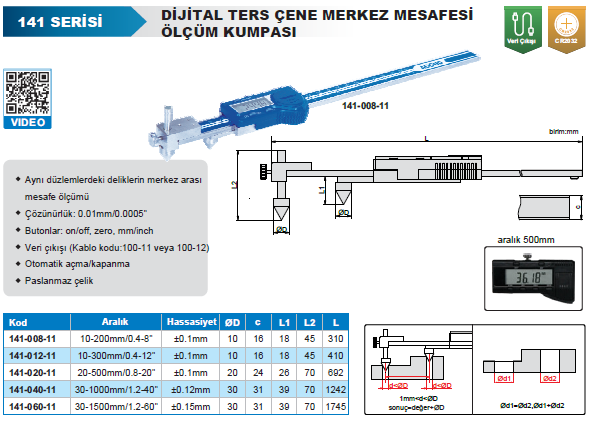 ACCUD 141-040-11 Dijital Ters Çene Merkez Mesafesi Ölçüm Kumpası 141 Serisi 30-1000mm