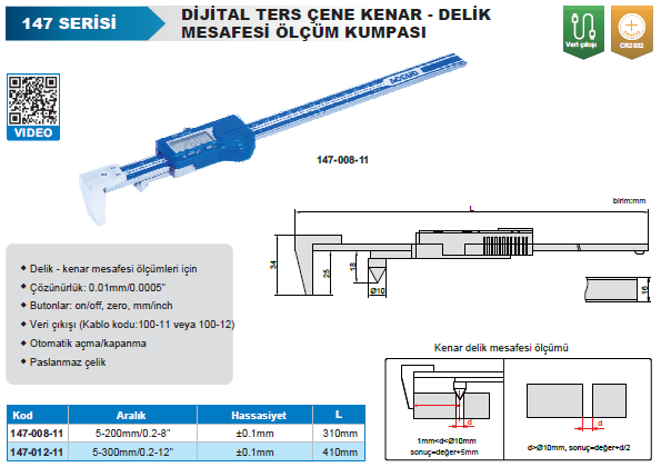 ACCUD 147-012-11 Dijital Ters Çene Kenar-Delik Mesafesi Ölçüm Kumpası 147 Serisi 5-300mm