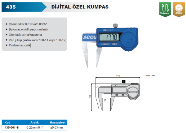ACCUD 435-001-11 Dijital Özel Kumpas 0-25mm