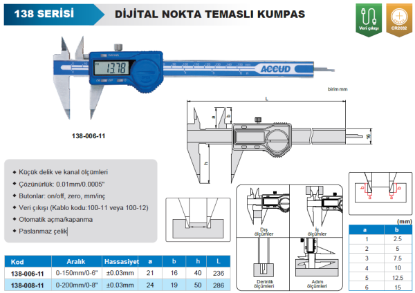 ACCUD 138-008-11 Dijital Nokta Temaslı Kumpas 138 Serisi 0-200mm