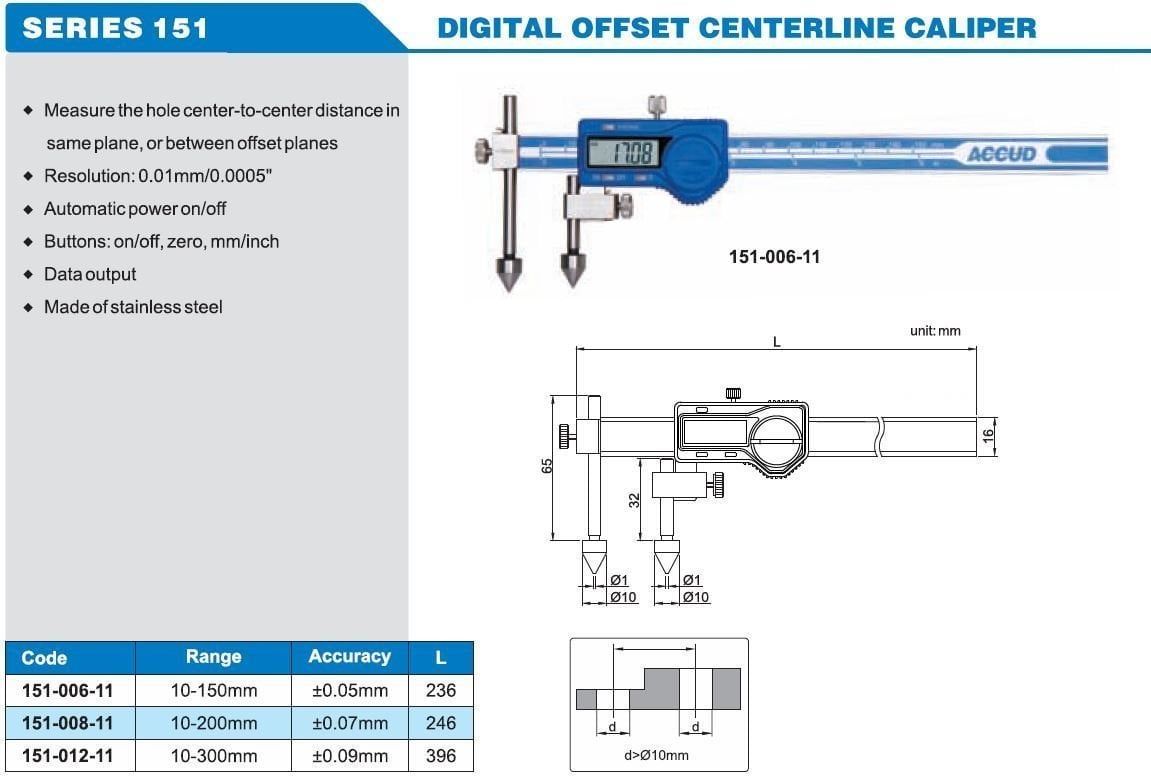 ACCUD 151-020-11 Dijital Merkez Mesafesi Ölçüm Kumpası 151 Serisi 0-500mm