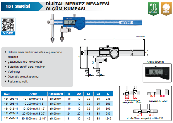 ACCUD 151-020-11 Dijital Merkez Mesafesi Ölçüm Kumpası 151 Serisi 0-500mm