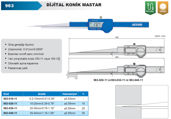 ACCUD 963-010-11 Dijital Konik Ölçüm Kumpası 963 Serisi 0.2-10mm