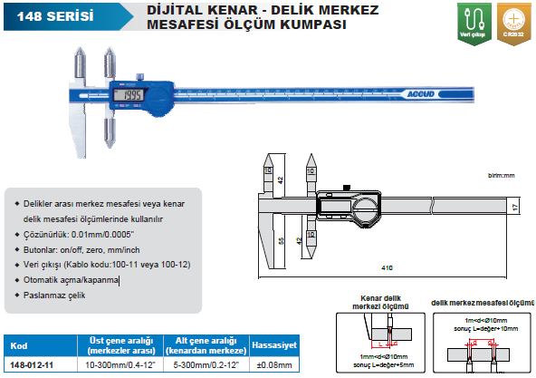 ACCUD 148-012-11 Dijital Kenar-Delik Merkez Mesafesi Ölçüm Kumpası 148 Serisi