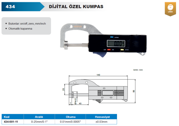 ACCUD 434-001-11 Dijital Kalınlık Kumpası 0-25mm