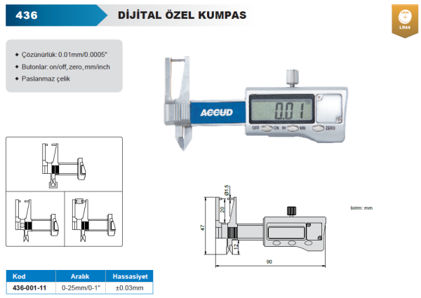 ACCUD 436-001-11 Dijital Kalınlık Kumpası 0-25mm