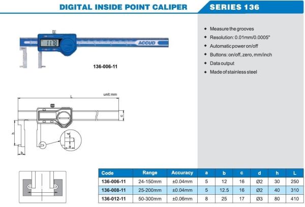 ACCUD 136-012-11 Dijital İç Çap Kumpası-Pimli 136 Serisi 0-300mm