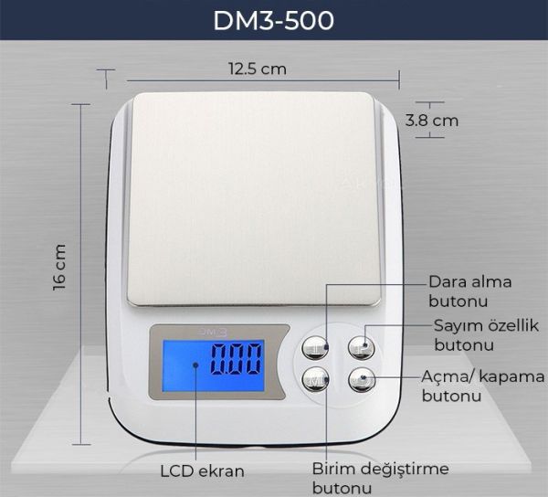 DM3-500 Mini Hassas Terazi Max: 500 gr. Hassasiyet 0,01 g.