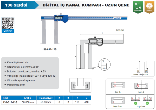 ACCUD 136-012-13S Dijital İç Çap Kumpası-Pimli 136 Serisi - Uzun Çeneli 110mm