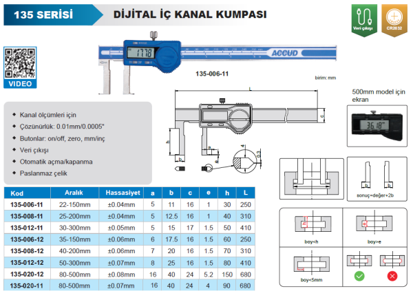 ACCUD 135-020-12 Dijital İç Çap Kanal Kumpası 135 Serisi 80-500mm