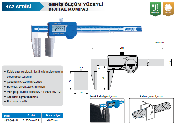 ACCUD 167-008-11 Dijital Geniş Ağızlı Kumpas 167 Serisi