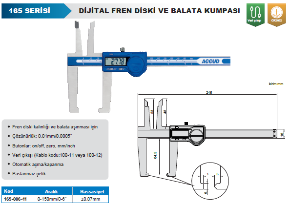 ACCUD 165-006-11 Dijital Fren Diski ve Balata Kumpası 165 Serisi