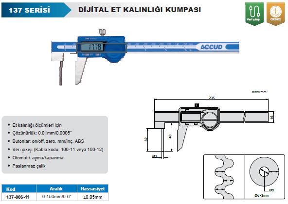ACCUD 137-006-11 Dijital Et Kalınlığı Kumpası 137 Serisi