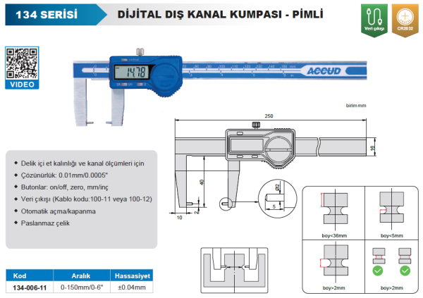 ACCUD 134-006-11 Dijital Dış Çap Kanal Kumpası-Pimli 134 Serisi