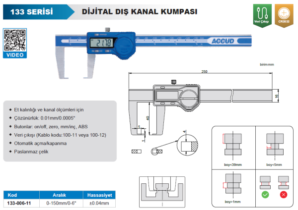 ACCUD 133-006-11 Dijital Dış Çap Kanal Kumpası 133 Serisi