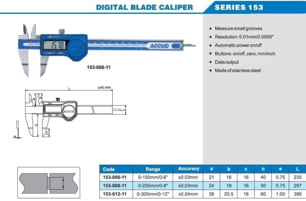 ACCUD 153-012-11 Dijital Dış Bıçak Ağızlı Kumpas 153 Serisi 0-300mm