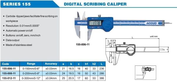 ACCUD 155-012-11 Dijital Çizici Kumpası 155 Serisi 0-300mm