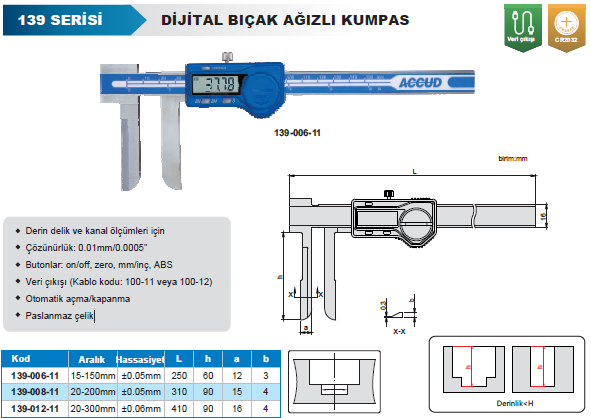 ACCUD 139-012-11 Dijital Bıçak Ağızlı Kumpas 139 Serisi 0-300mm