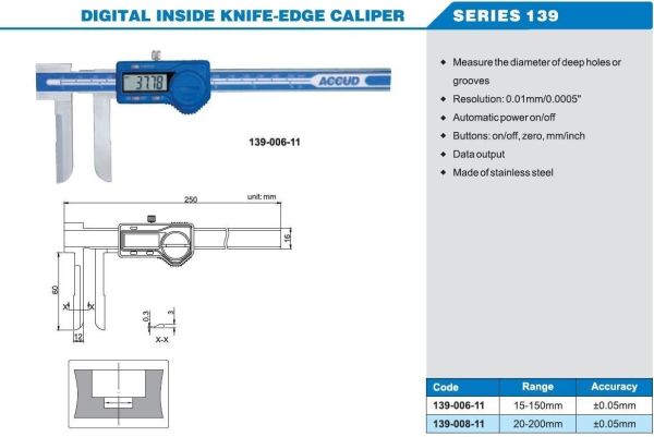 ACCUD 139-008-11 Dijital Bıçak Ağızlı Kumpas 139 Serisi 0-200mm