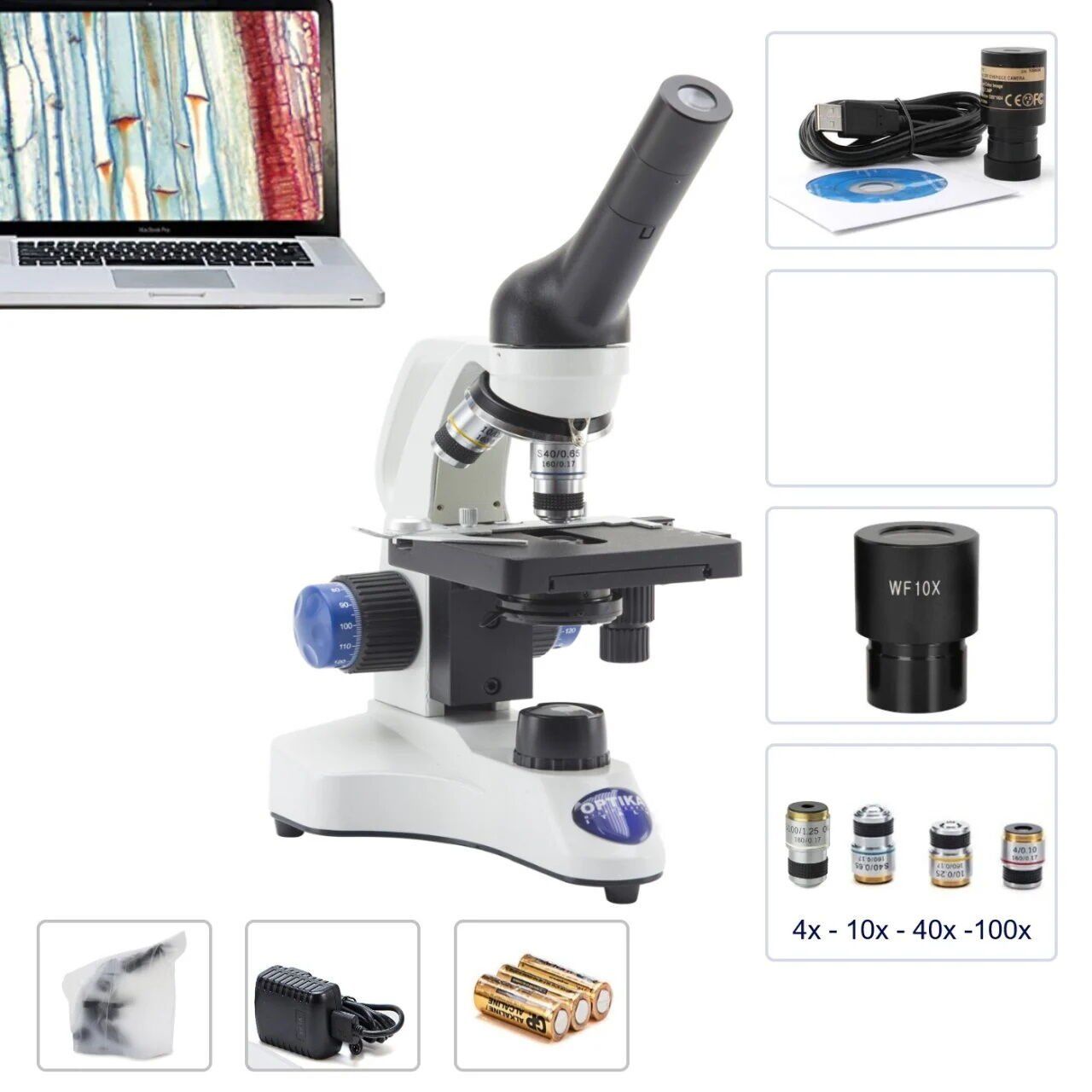 OPTIKA B-20CR LED Dijital Monoküler Mikroskop 1000x - Öğrenci Mikroskobu 4-10-40-60-100x Objektif
