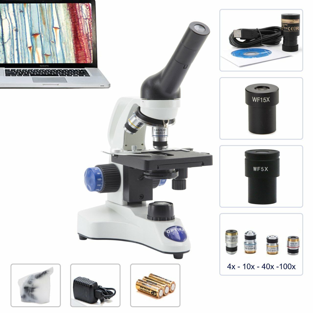 OPTIKA B-20CR LED Dijital Monoküler Mikroskop 1500x - Öğrenci Mikroskobu 4-10-40-60-100x Objektif