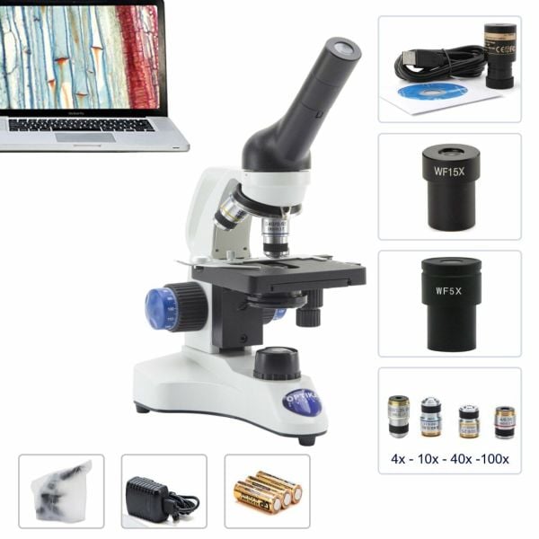 OPTIKA B-20CR LED Dijital Monoküler Mikroskop 1500x - Öğrenci Mikroskobu 4-10-40-60-100x Objektif