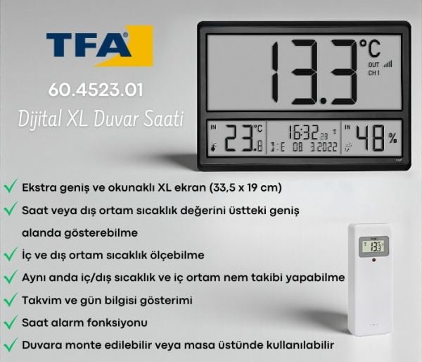 TFA 60.4523.01 Dijital XL Duvar Saati İç-Dış Sıcaklık, Nem ve Tarih Göstergeli