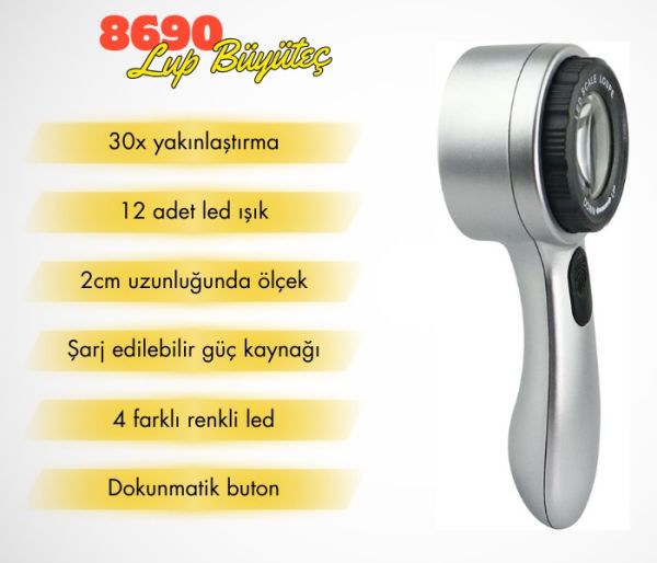 8690 Skalalı Işıklı Büyüteç 30X Şarj Edilebilir | 4 Renkli Led