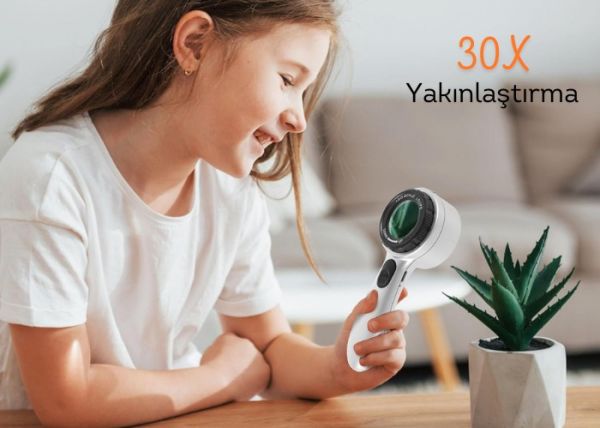 8690 Skalalı Işıklı Büyüteç 30X Şarj Edilebilir | 4 Renkli Led