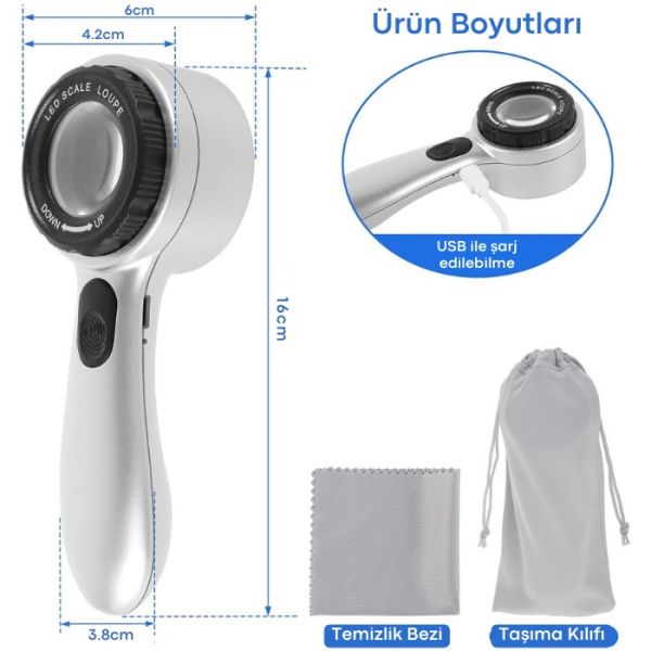 8690 Skalalı Işıklı Büyüteç 30X Şarj Edilebilir | 4 Renkli Led