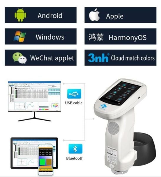 3nh ST50 Renk Ölçer Spektrofotometre - Renk Ölçüm Cihazı Dahili fotodiyot dizisi (çift 20 grup) Silikon Fotodiyot Sensörler - 3,5'' TFT Dokunmatik Ekran - 400-700nm