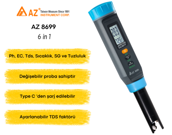 AZ 8699 Ph, EC, TDS, Tuzluluk, S.G. ve Sıcaklık | 6 'sı 1 Arada
