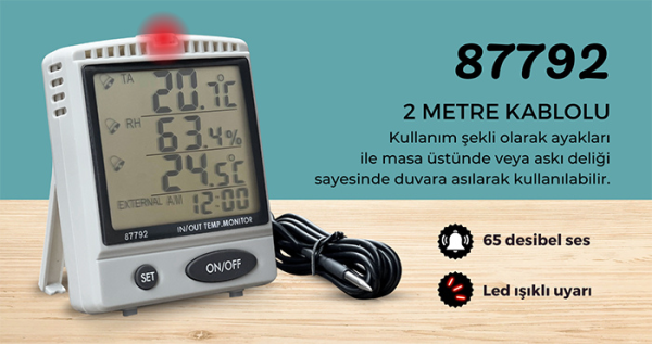 AZ 87792 Alarmlı İç ve Dış Sıcaklık Göstergesi - İç Nem Ölçerli