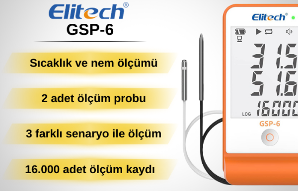 Elitech GSP-6 Çift Kablolu Sıcaklık ve Nem Veri Kaydedici Datalogger