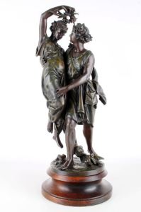 Tutya, ahşap kaideli 19. Y.y. Fransız bayan-erkek heykeli. Y:55cm.