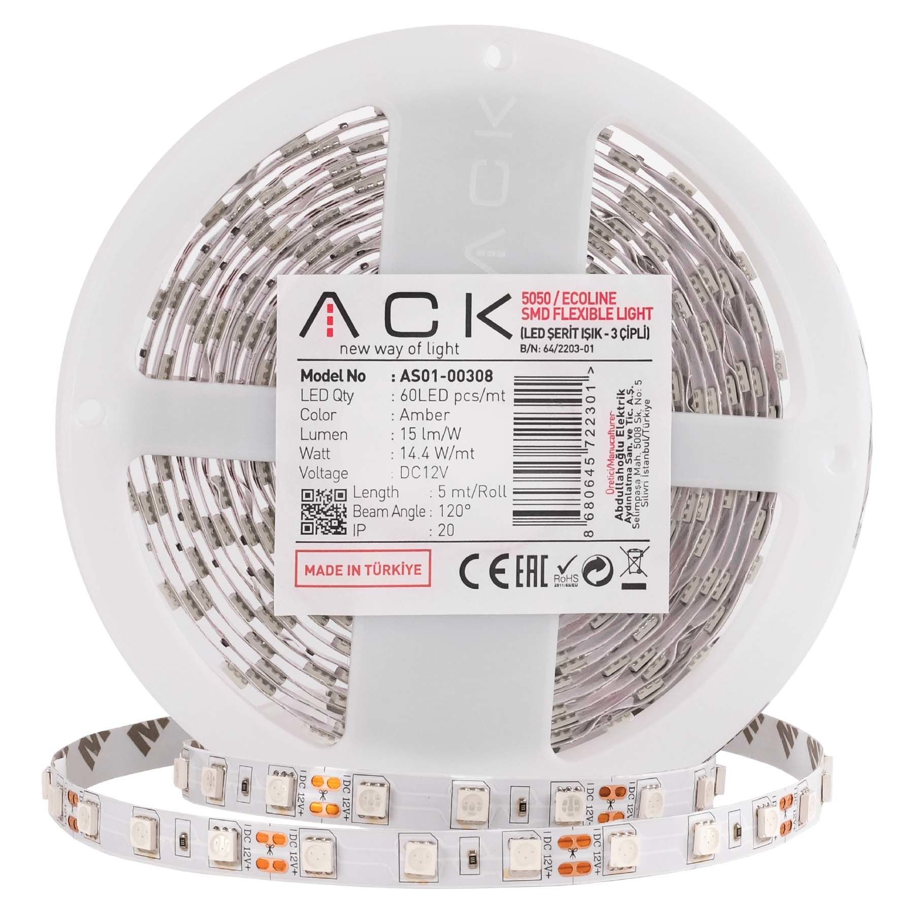 ACK 3 Çipli,60 LED'li  Şerit LED 3000K AS01-00300