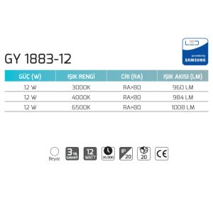 Goya 12W 6500K Beyaz Işık Sıva Üstü Led Panel Armatür  GY 1883-12