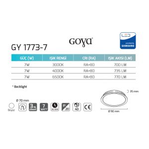 Goya Dimlenebilir 7W 6500K Beyaz Işık Backlight Sıva Altı Led Panel Armatür GY 1773 7B Dim
