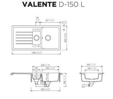 Ukinox Valente D150 L Siyah Granit Evye