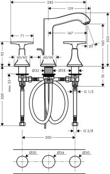 Hansgrohe Metropol Classic 3 Delikli Lavabo Bataryası Krom Altın 31307090