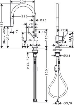 Hansgrohe Talis M54 Tek Kollu Eviye Bataryası 210, Çekilebilir El Duşu, 2 Jet