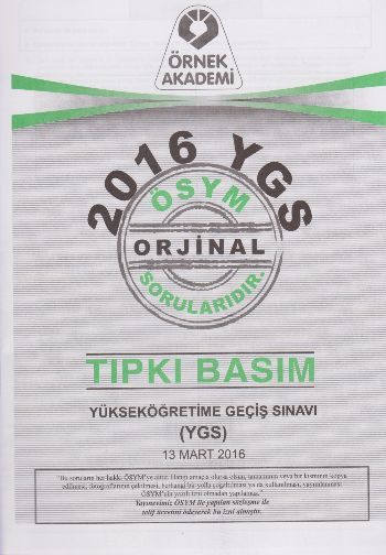 Örnek Akademi ÖSYM YGS 2016 Soru Kitapçığı Tıpkı Basım
