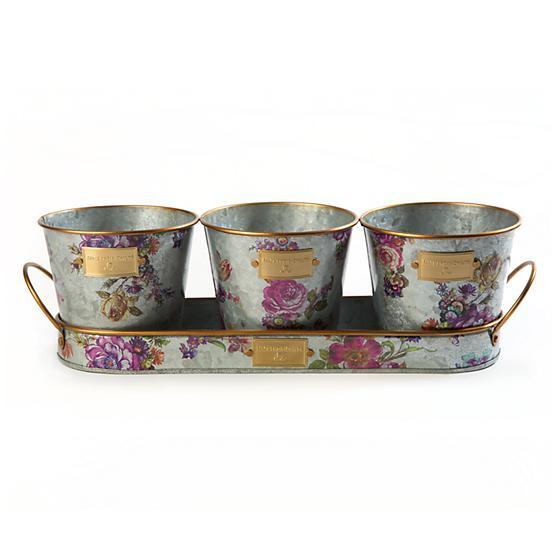 Flower Market Galvanized Herb Pots with Tray - Set of 3