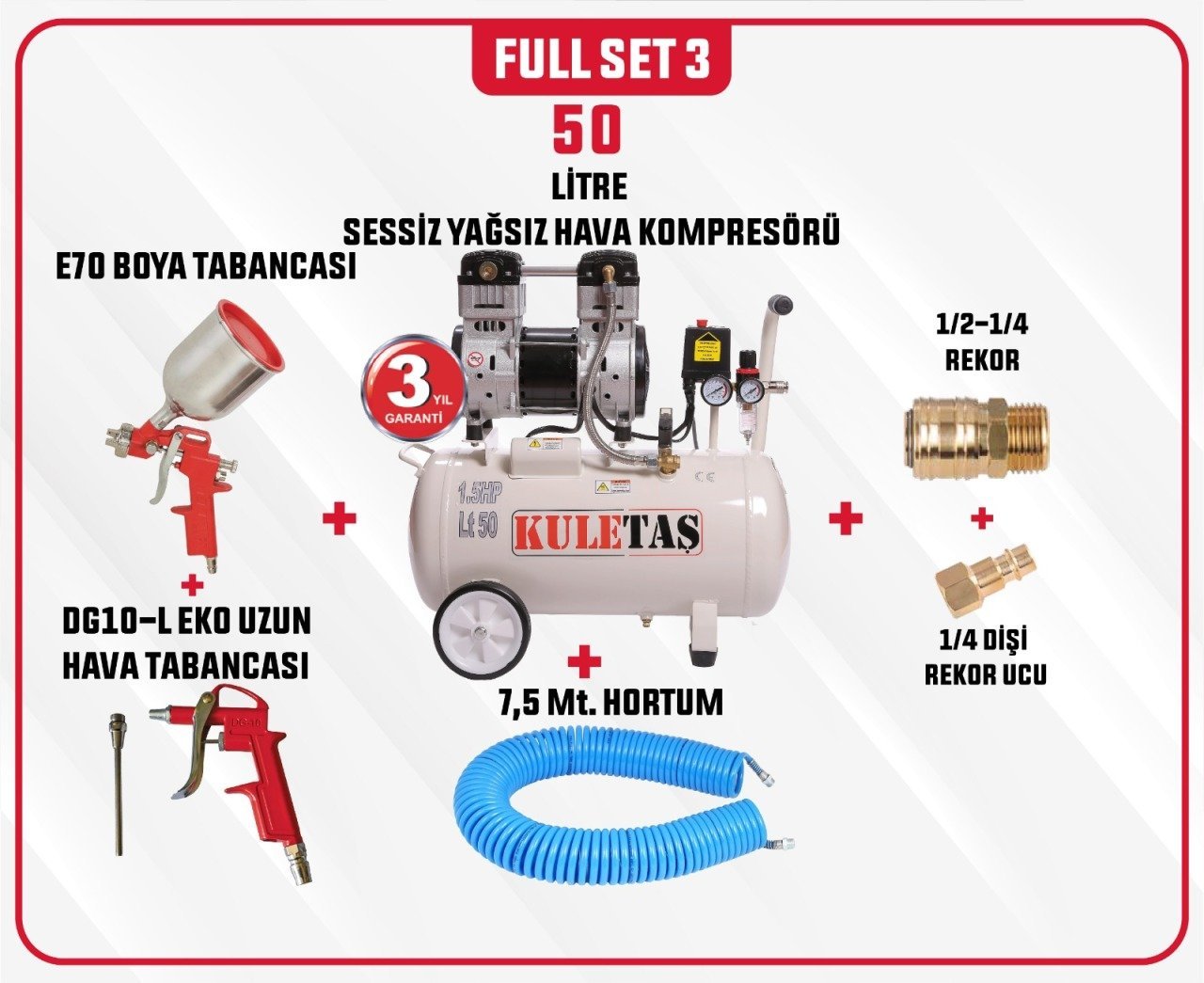 Full Set 3 Kuletaş Süper Sessiz Yağsız Hava Kompresörü 50 Litre 1,5 HP 3 Yıl GARANTİ