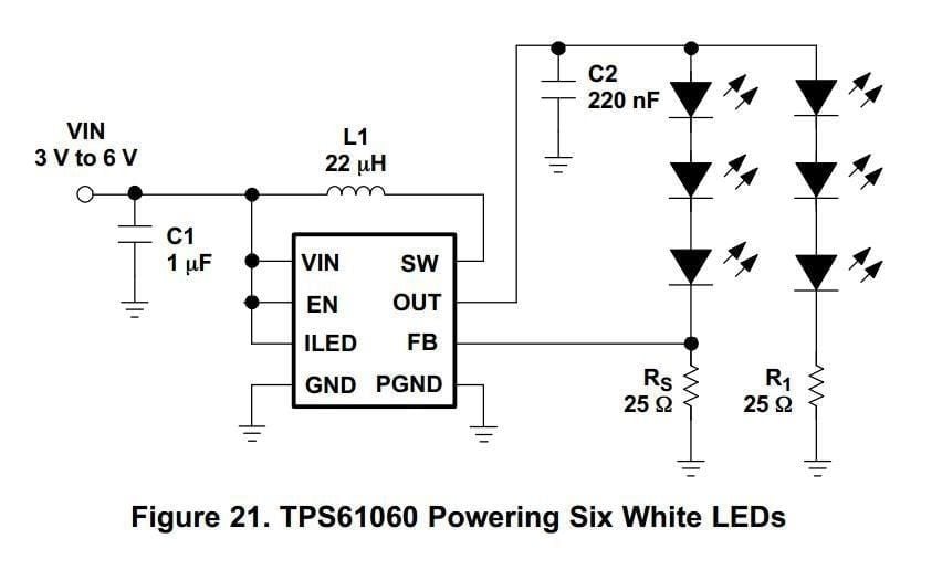 TPS61060DRBR  (AQP) LED Lighting Drivers 15V 400mA Switch 1MHz Boost Converter
