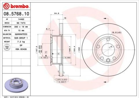VW TRANSPORTER T4 EM. FREN DİSKİ ÖN DÜZ 18X282mm 90-96 BREMBO TK.SAĞ+SOL