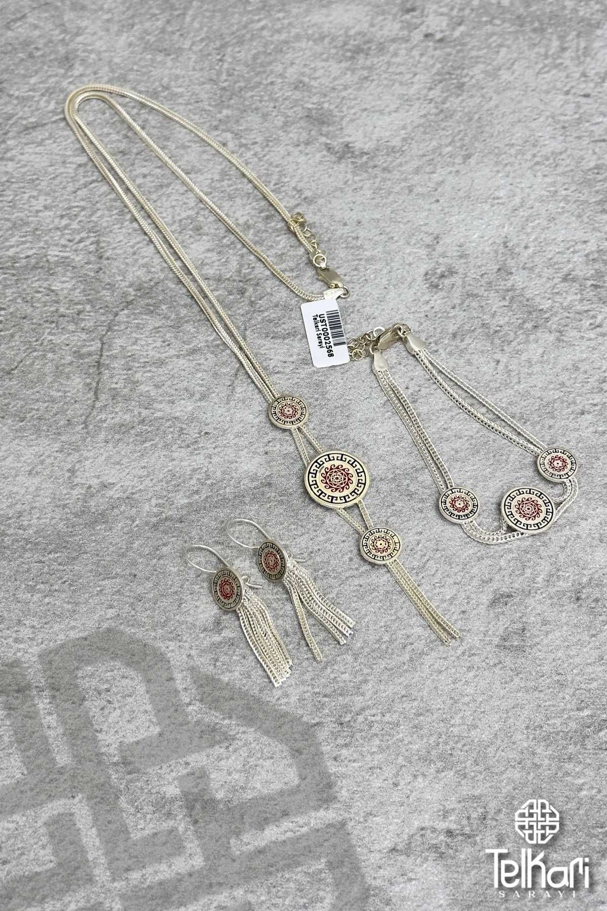 Dalga Motifli Püsküllü Mine İşlemeli Midyat Hasırı Gümüş Set