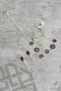 Damla Motifli Mine İşlemeli Midyat Hasırı Gümüş Set