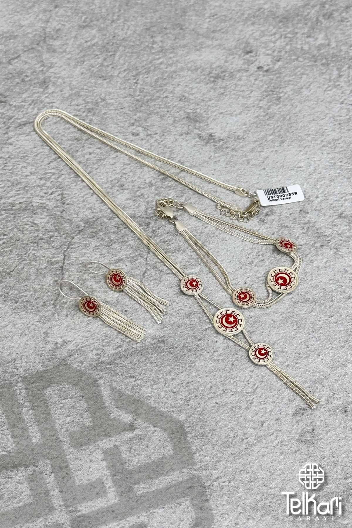 Ay Yıldız Motifli Mine İşlemeli Midyat Hasırı Gümüş Set