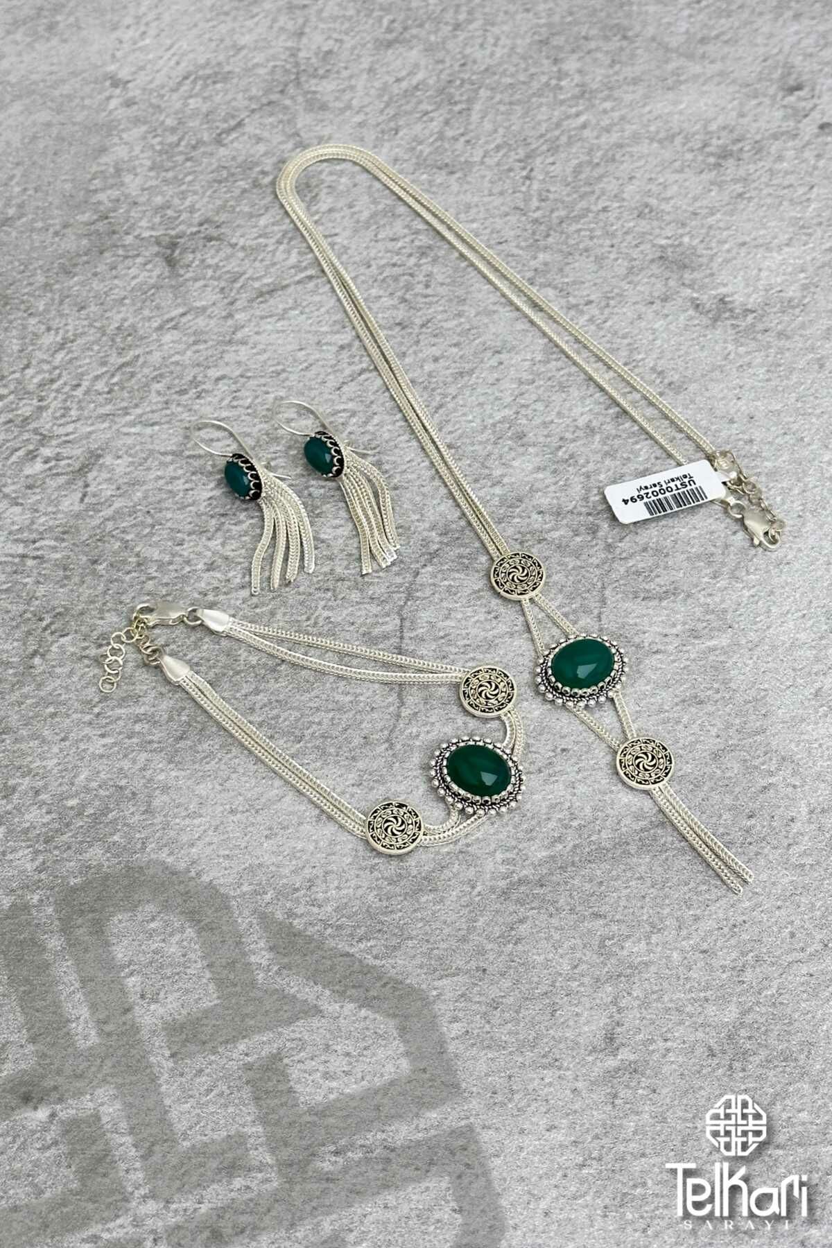 Yeşim Taşlı Motifli Mine İşlemeli Midyat Hasırı Gümüş Set